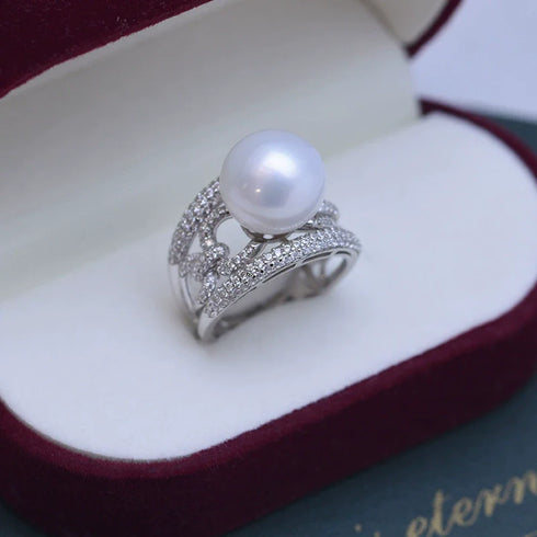 10-11mm Freshwater Pearl Wide Cubic Zirconia Ring - May-Lynn